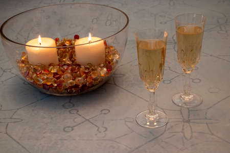 Anniversary or Birthday Celebration candles and Champagneの写真素材