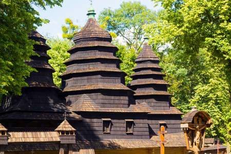 Old wooden church with wooden ancient icon of Christ. Old wooden icon religion Jesus Christ Saviorの写真素材