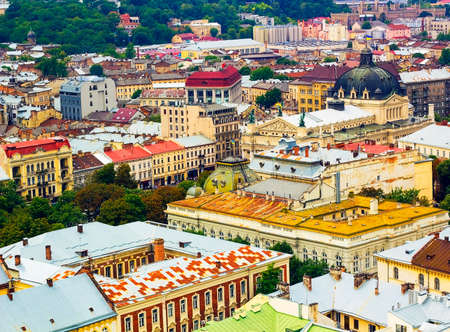 Top view of colorful roofs and houses old European city Lvov in Ukraine in summer dayの写真素材