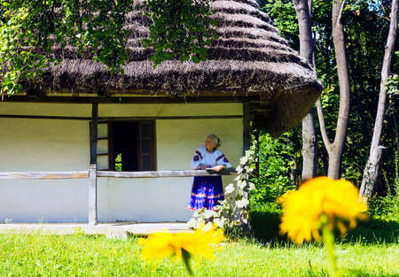 Old grandmother in flowered dress reading book and basking in sun on sunny terrace of old wooden house with thatched roof of fairy tale in warm summer dayのeditorial素材