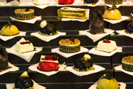 Great choice of cake on counter pastry shop for saleの写真素材