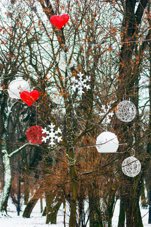 Christmas decorations hanging on tree in park. Hearts, snowflakes and candy decorated tree in winter parkの写真素材