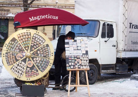 Lvov, Ukraine - 06.01.2017:  Unusual kiosk in form of clockwork gears with souvenir magnets for saleのeditorial素材