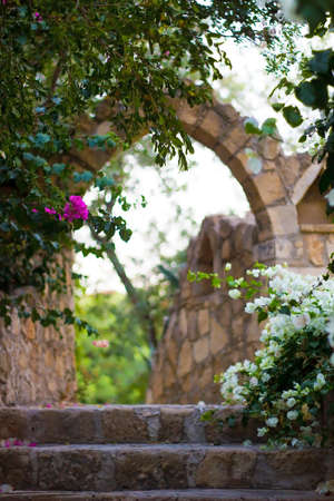 Stone arch entrance to garden surrounded with flowering shrubs Bougainvillea and trees. Blurred abstract background photo in evening, soft focusの写真素材