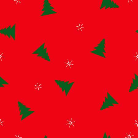 Seamless pattern green Christmas fir trees and white snowflakes on red background, vectorのイラスト素材