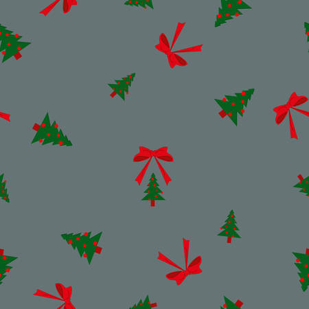 Seamless pattern green Christmas fir trees big and small, red balls and bows on grey backgroundのイラスト素材
