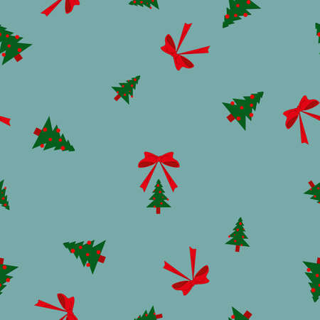 Seamless pattern green Christmas fir trees big and small, red balls and bows on blue backgroundのイラスト素材