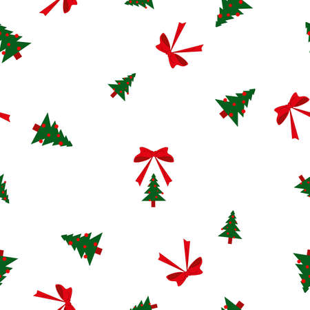 Seamless pattern green Christmas fir trees big and small, red balls and bows on white backgroundのイラスト素材