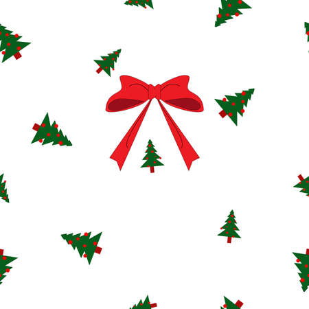 Seamless pattern green Christmas fir trees big and small, red balls and bow on white backgroundのイラスト素材