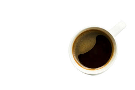 Cup of coffee isolated on white background top view, with copy space for text at left sideの写真素材