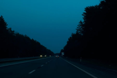 Blurred night track with traveling cars, surrounded by black silhouette of forest