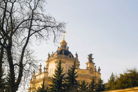 St. George's Cathedral behind trees, Lvov, Ukraine