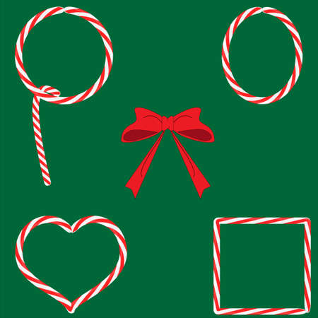 Set of candy caramel lollipops Christmas frames with red bow on green background flat design, vector.のイラスト素材