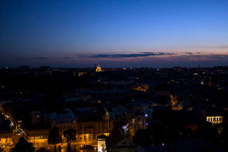 Evening cityscape of Lviv, Ukraine. Night city Lvovの写真素材