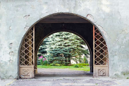 Old metal gate in wall and passage to green summer gardenの写真素材