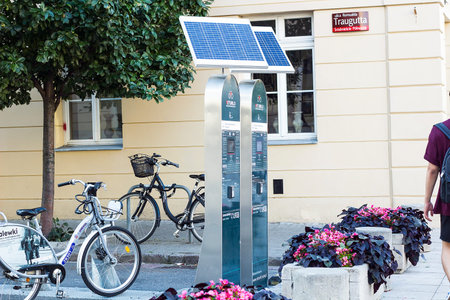 Warsaw, Poland - 30 July 2017: Veturilo urban bike systems. Bicycles for rent