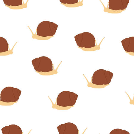 Seamless pattern animals cute brown silhouette of snails with spiral shell on white background. Simple funny slugs crawling print illustration for kids room, vector eps 10のイラスト素材
