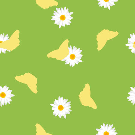 Seamless pattern green meadow with flying yellow butterflies silhouettes and white daisy flowers. Cute simple floral background with chamomile for funny kids room, vector eps 10のイラスト素材