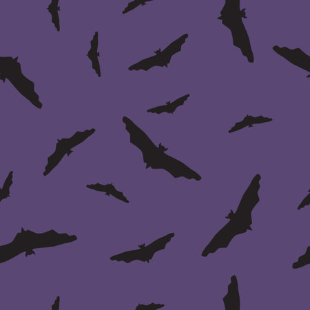Seamless wild animals pattern Bats black silhouette on purple background. Halloween drawn simple...