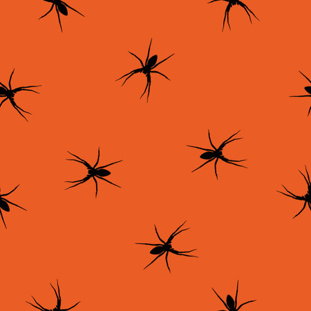Seamless wild animals pattern Spider black silhouette on orange background. Halloween drawn simple...