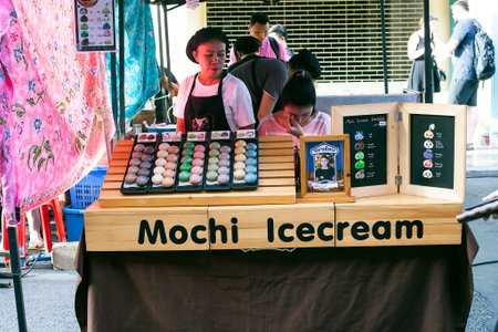 Phuket, Thailand - 25 February 2018: Mochi icecream dessert. Japanese sweet rice cake on street...