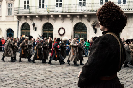 Lviv, Ukraine - 04 November 2018: Historical reconstruction of military events 1918. Fights between...