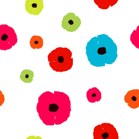 Seamless pattern with colorful Poppies flowers on white background. Simple floral wildflowers print, pop art style. Poppy backdrop for fabric textile, wallpaper, banner. Vector design eps 10のイラスト素材