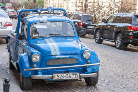Lviv, Ukraine - 14 April 2019: Old retro Soviet Union car blue Zaporozhets parked at city streetのeditorial素材