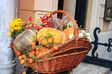 Wicker basket with pumpkins and yellow chrysanthemum flowers near door. Autumn 
Thanksgiving decor near houseの写真素材