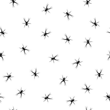 Seamless pattern Spider black silhouette on white background. Halloween drawn simple kids print with tarantula shadow. Spooky small arachnid wall paper, vector design eps 10のイラスト素材