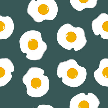 Seamless pattern Fried eggs isolated on green background. Simple cooking frying egg with yellow yolk print. Morning breakfast food texture. Cute kitchen wall paper, vector design eps 10のイラスト素材