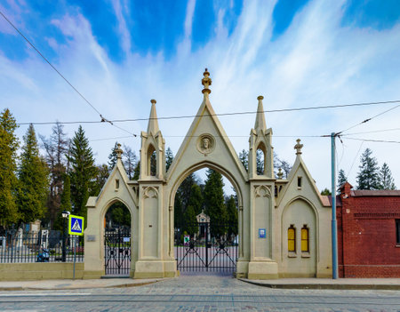 Ukraine, Lviv - 28 March 2020: Lychakiv Cemetery. Entrance gate to old graveyard