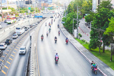 Phuket, Thailand - 26 February 2018: Many cars and motorcyclists driving on highway, top viewのeditorial素材