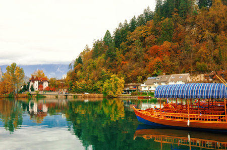 Autumn landscape with lake Bled, tradition wooden boats and old villa in Slovenia. Typical woods boat in slovenian called Pletna flating on water near fall forest, antique cottage in distanceの写真素材