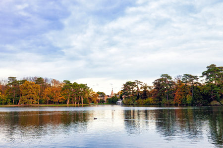 Sunset over lake in autumn Laxenburg park, Lower Austria. Serene pond reflects fall trees and...