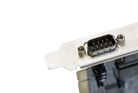 VGA, SVGA (male) connector on the board on a white background out of focus on the computer cable