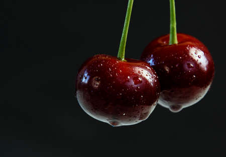 ripe cherries with water moisture drops on a black background, close-up, focus on the foregroundの写真素材