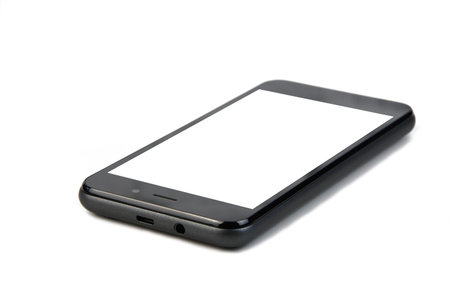 dark gray smartphone on a white background, free space in place of the screen, focus on the foregroundの写真素材