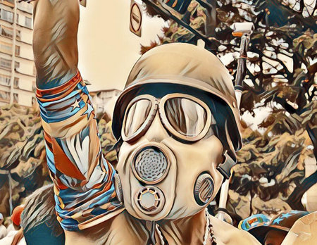 Illustration of a protester wearing a gas mask, goggles, and helmet raising his arm