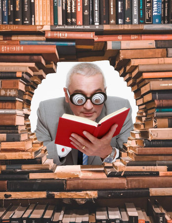 Stacks of library books with a hole in the middle with a man wearing funny glasses is reading a book