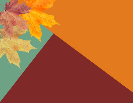Fall colored maple leaves in the corner of the background of orange, brown, and aqua blue geometric...