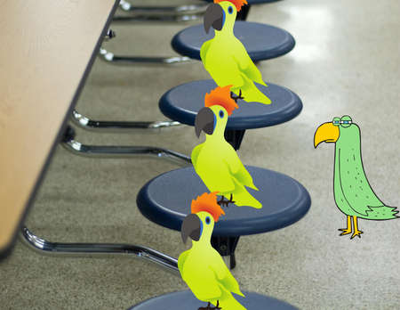 Illustration concept of exclusion and bullying in a school lunchroom with yellow-green parrots on the seats and the green parrot on the floorの写真素材