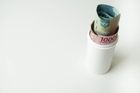 Indonesian money rupiah is in a white cup with a isolated white backgroundの写真素材