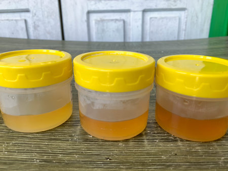 a collection of yellow urine samples on the table for laboratory examination