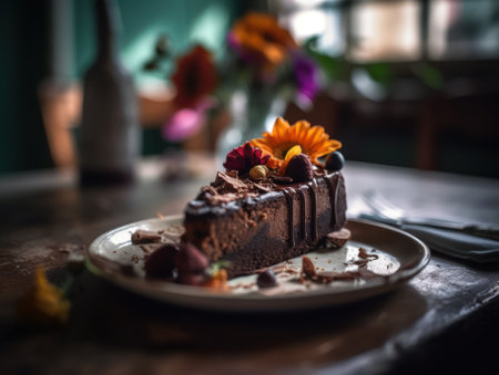 Chocolate cake on a wooden table. Selective focus. Toned.の写真素材