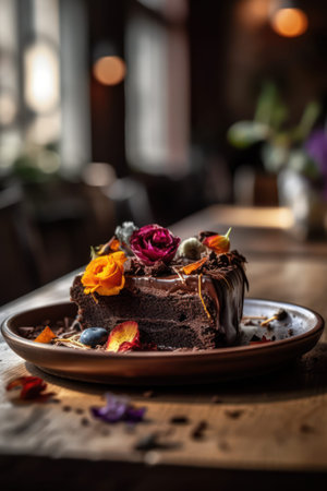 Chocolate cake with roses on wooden table in cafe. Selective focus