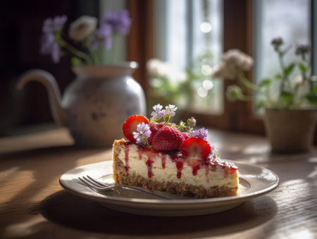 a piece of strawberry cheesecake beautifully decorated on a porcelain plate standing on a massive wooden table with blurry summer flowersの素材