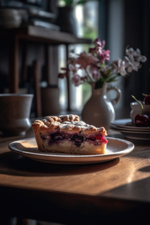A piece of Cherry Pie decorated on a white porcelain plate standing on a massive wooden table with blurry summer flowers in the backgroundの素材