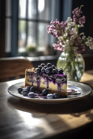 A piece of blueberry cheesecake beautifully decorated on a porcelain plate standing on a massive wooden table with blurry summer flowersの素材