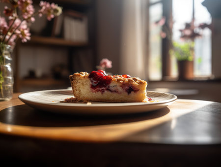 A piece of Cherry Pie decorated on a white porcelain plate standing on a massive wooden table with blurry summer flowers in the backgroundの素材